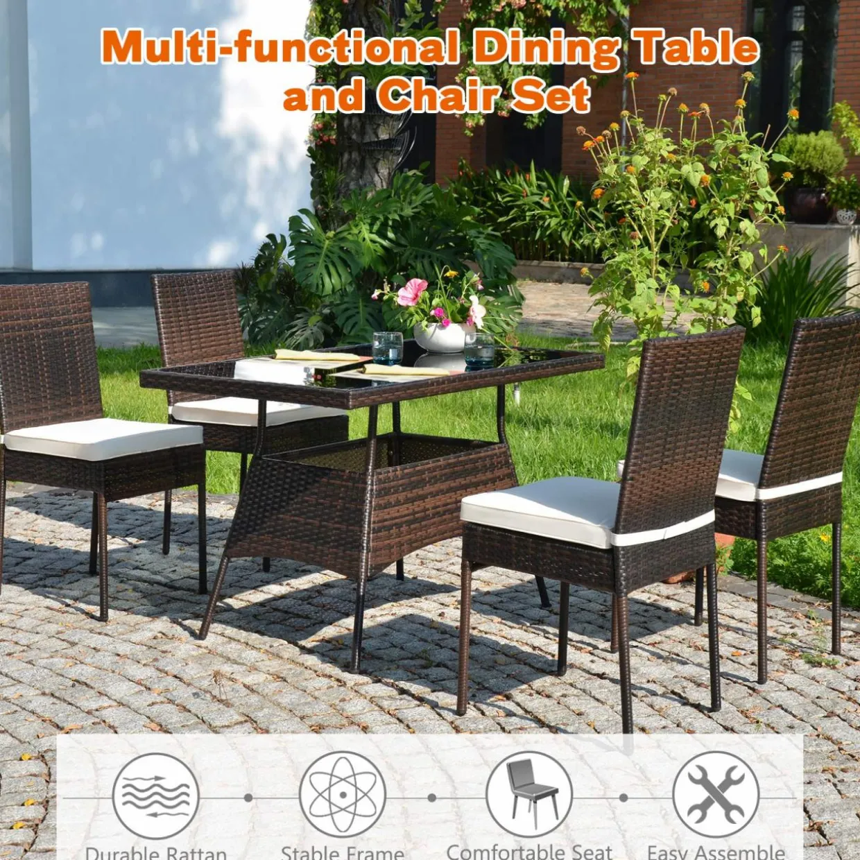 Tangkula 5 PCS Patio Wicker Dining Set, Outdoor Rattan Table and Chairs with w/Tempered Glass Table Top & Padded Cushions