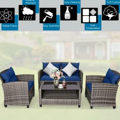 Tangkula 4 PCS Patio Wicker Conversation Furniture Set, Outdoor Rattan Sofa Set with Padded Cushion & Tempered Glass Coffee Table