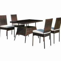 Tangkula 5 PCS Patio Wicker Dining Set, Outdoor Rattan Table and Chairs with w/Tempered Glass Table Top & Padded Cushions