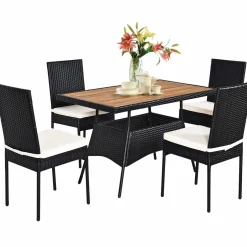 Tangkula 5 PCS Patio Wicker Dining Set, Outdoor Rattan Table and Chairs with w/Tempered Glass Table Top & Padded Cushions