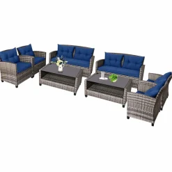 Tangkula 4 PCS Patio Wicker Conversation Furniture Set, Outdoor Rattan Sofa Set with Padded Cushion & Tempered Glass Coffee Table