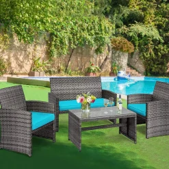 Tangkula 4/8 PCS Wicker Patio Conversation Set, Outdoor Rattan Sofas with Table Set