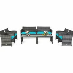 Tangkula 4/8 PCS Wicker Patio Conversation Set, Outdoor Rattan Sofas with Table Set