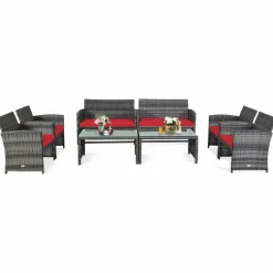 Tangkula 4/8 PCS Wicker Patio Conversation Set, Outdoor Rattan Sofas with Table Set