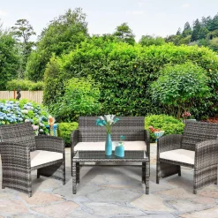 Tangkula 4/8 PCS Wicker Patio Conversation Set, Outdoor Rattan Sofas with Table Set
