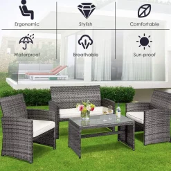 Tangkula 4/8 PCS Wicker Patio Conversation Set, Outdoor Rattan Sofas with Table Set
