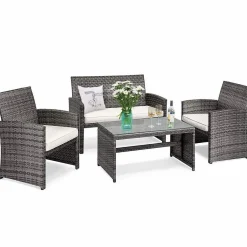 Tangkula 4/8 PCS Wicker Patio Conversation Set, Outdoor Rattan Sofas with Table Set