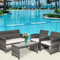 Tangkula 4/8 PCS Wicker Patio Conversation Set, Outdoor Rattan Sofas with Table Set