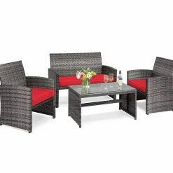 Tangkula 4/8 PCS Wicker Patio Conversation Set, Outdoor Rattan Sofas with Table Set