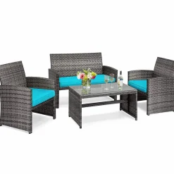 Tangkula 4/8 PCS Wicker Patio Conversation Set, Outdoor Rattan Sofas with Table Set