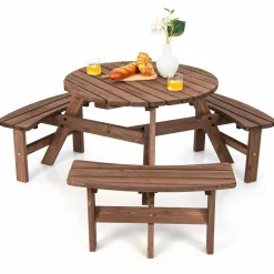 Tangkula 6 Person Cedar Wood Picnic Table, Outdoor Round Picnic Table with 3 Built-in Benches, Umbrella Hole, Outside Table and Bench Set