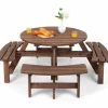 Tangkula 8 Person Cedar Wood Picnic Table, Outdoor Round Picnic Table with 4 Built-in Benches, Umbrella Hole