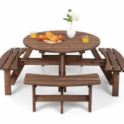 Tangkula 8 Person Cedar Wood Picnic Table, Outdoor Round Picnic Table with 4 Built-in Benches, Umbrella Hole