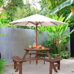 Tangkula 6 Person Cedar Wood Picnic Table, Outdoor Round Picnic Table with 3 Built-in Benches, Umbrella Hole, Outside Table and Bench Set