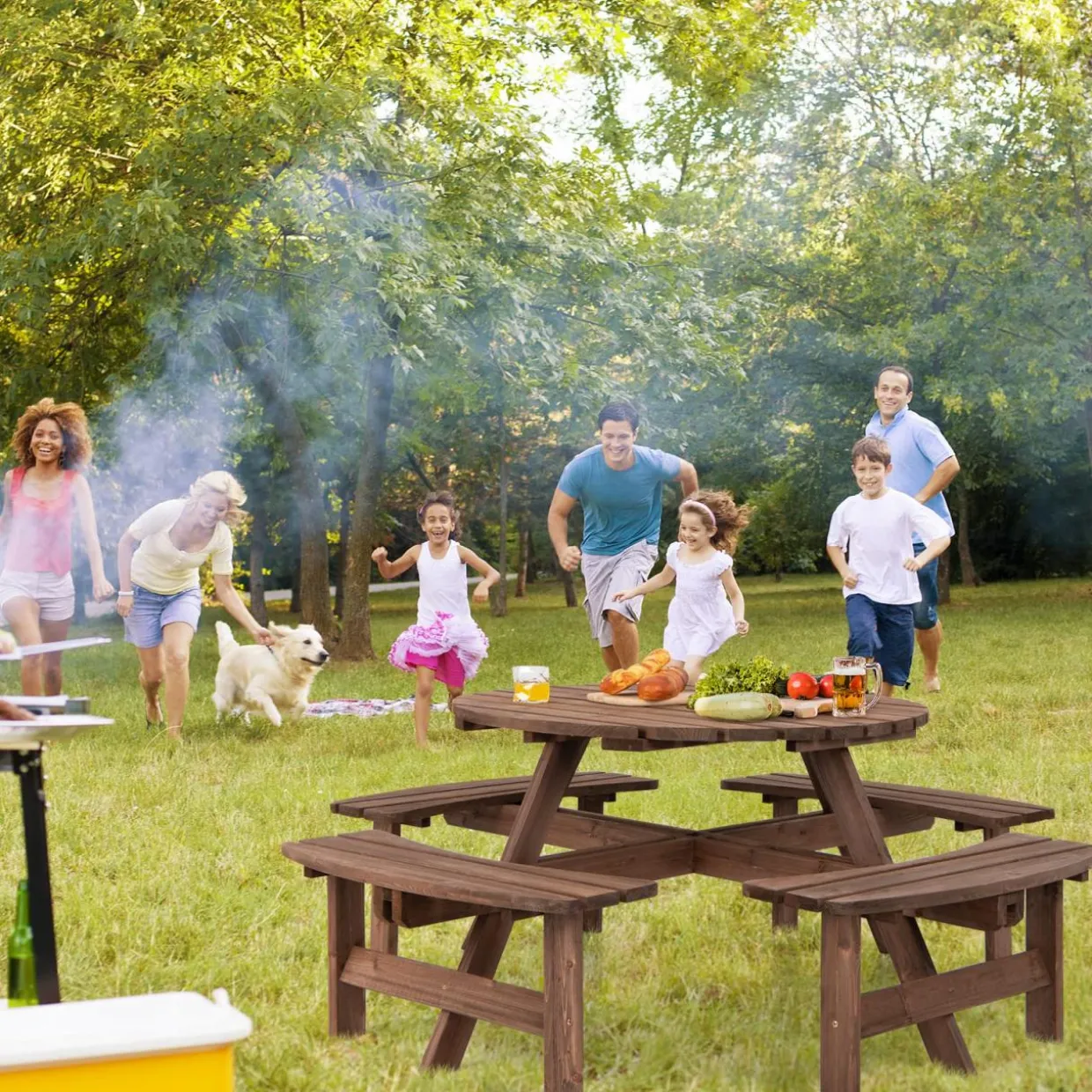 Tangkula 8 Person Cedar Wood Picnic Table, Outdoor Round Picnic Table with 4 Built-in Benches, Umbrella Hole