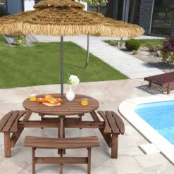 Tangkula 8 Person Cedar Wood Picnic Table, Outdoor Round Picnic Table with 4 Built-in Benches, Umbrella Hole