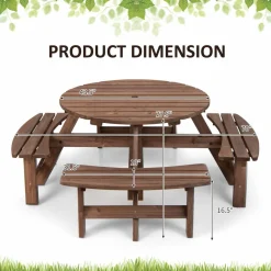 Tangkula 8 Person Cedar Wood Picnic Table, Outdoor Round Picnic Table with 4 Built-in Benches, Umbrella Hole