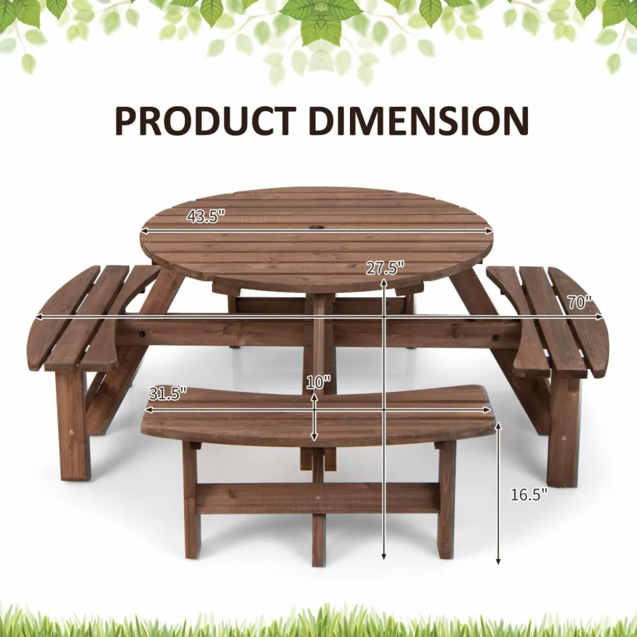 Tangkula 8 Person Cedar Wood Picnic Table, Outdoor Round Picnic Table with 4 Built-in Benches, Umbrella Hole