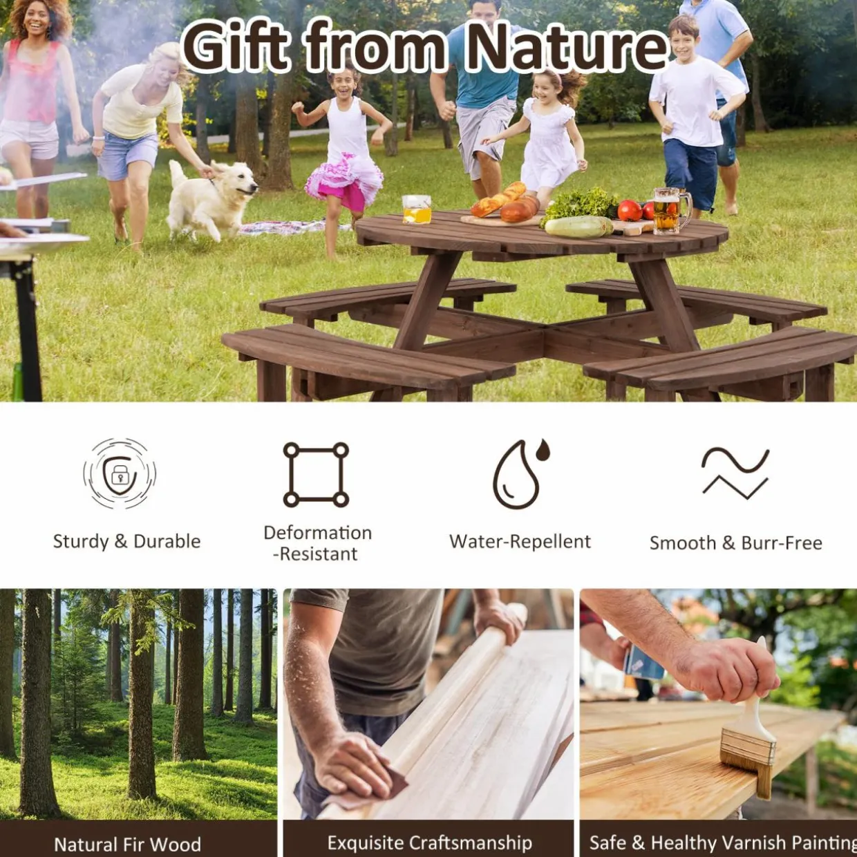 Tangkula 8 Person Cedar Wood Picnic Table, Outdoor Round Picnic Table with 4 Built-in Benches, Umbrella Hole