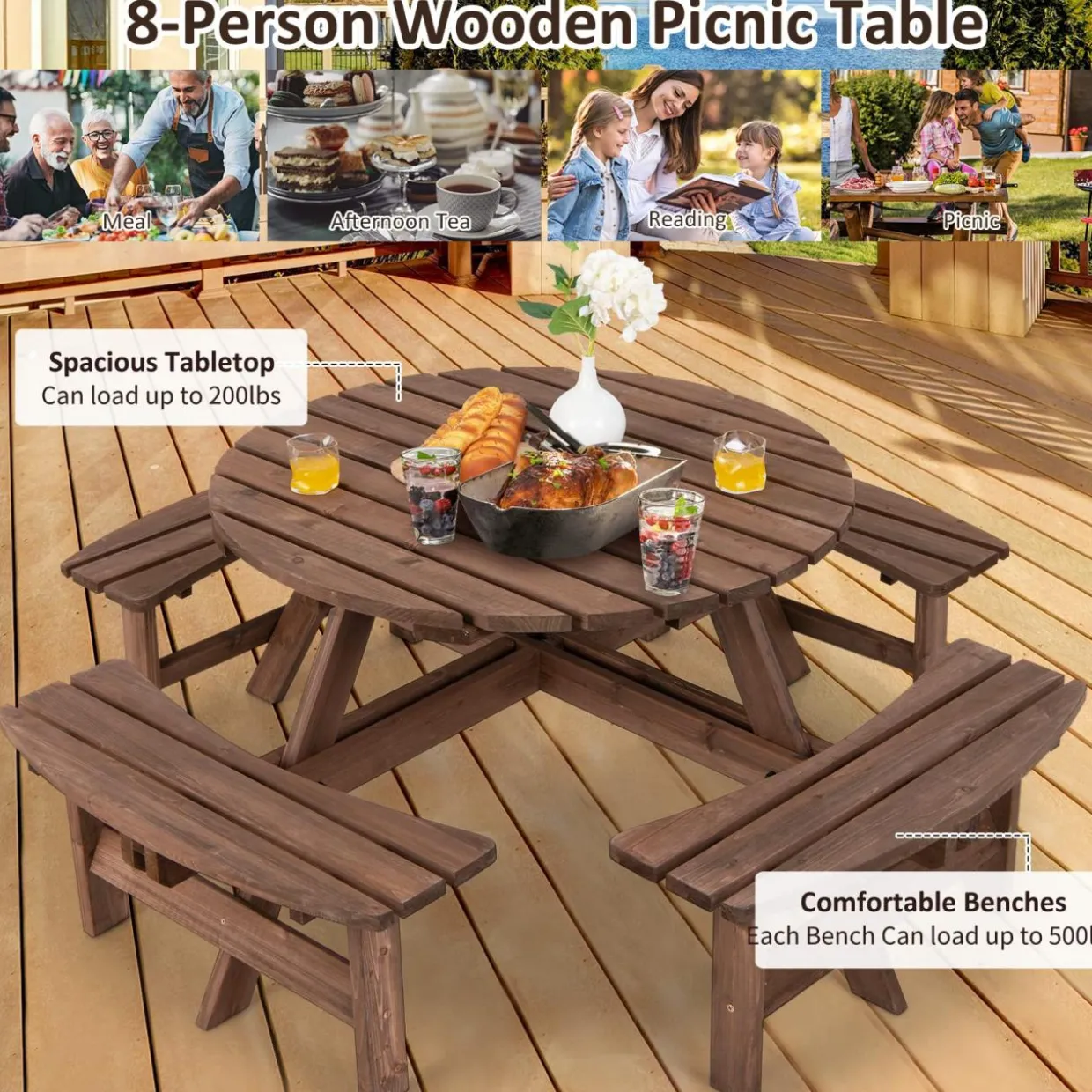 Tangkula 8 Person Cedar Wood Picnic Table, Outdoor Round Picnic Table with 4 Built-in Benches, Umbrella Hole