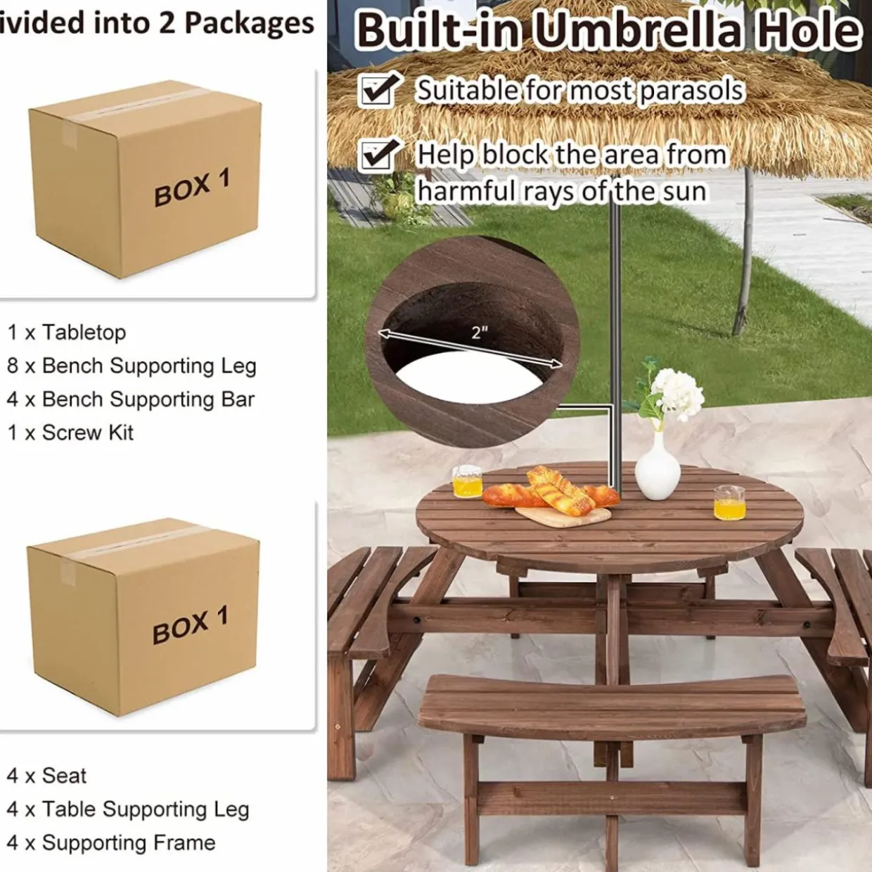 Tangkula 8 Person Cedar Wood Picnic Table, Outdoor Round Picnic Table with 4 Built-in Benches, Umbrella Hole
