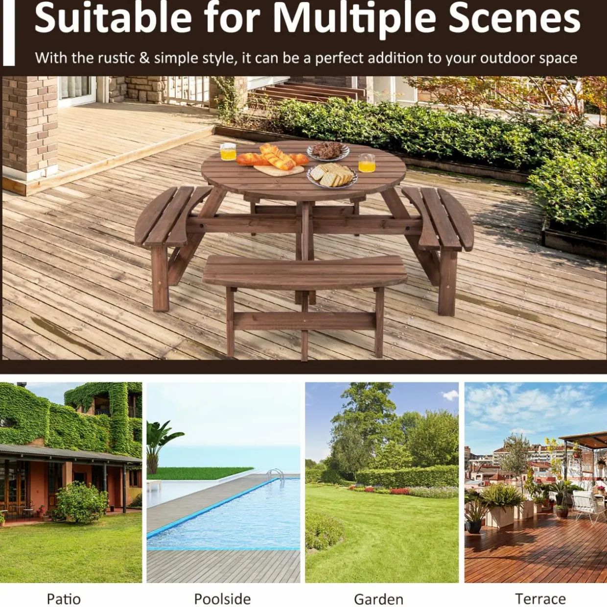 Tangkula 8 Person Cedar Wood Picnic Table, Outdoor Round Picnic Table with 4 Built-in Benches, Umbrella Hole
