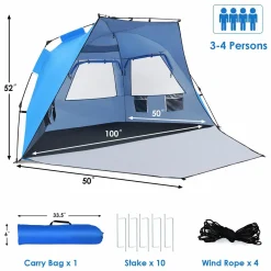 Tangkula 3-4 Person Easy Pop Up Beach Tent, UPF 50+ Portable Sun Shelter