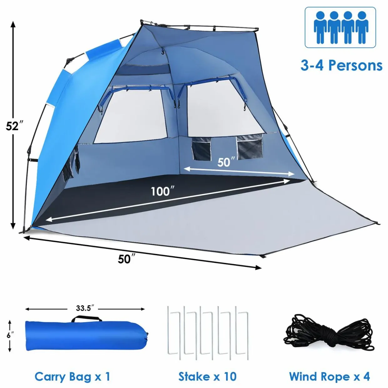 Tangkula 3-4 Person Easy Pop Up Beach Tent, UPF 50+ Portable Sun Shelter