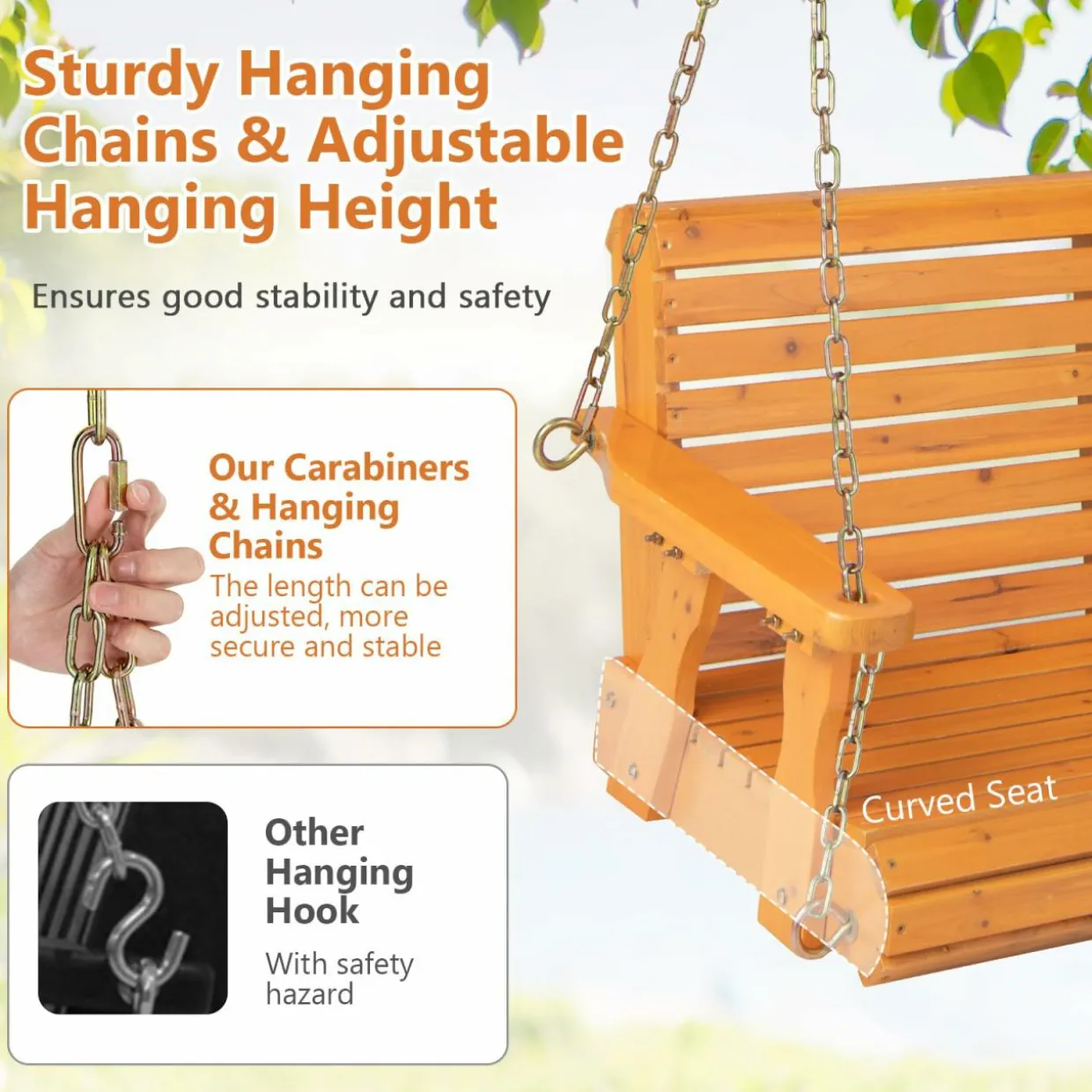 Tangkula 2 Person Hanging Porch Swing, Outdoor Bench Swing with Adjustable Chains
