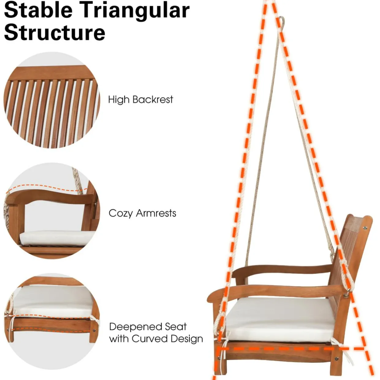 Tangkula 2 Person Hanging Porch Swing with Chains, High Back, Cozy Armrests, Heavy Duty 800Lbs