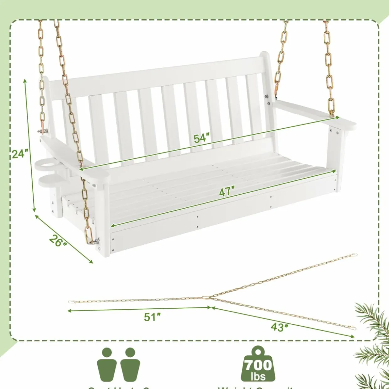 Tangkula 2 Person Hanging Porch Swing, Outdoor Bench Swing with Adjustable Chains
