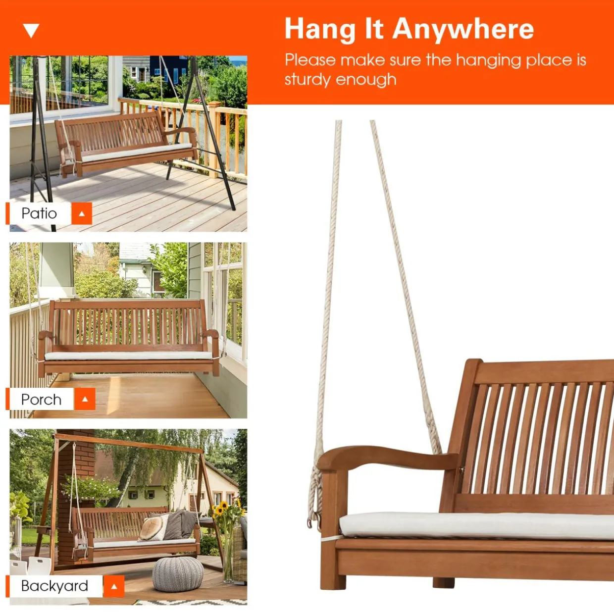 Tangkula 2 Person Hanging Porch Swing with Chains, High Back, Cozy Armrests, Heavy Duty 800Lbs