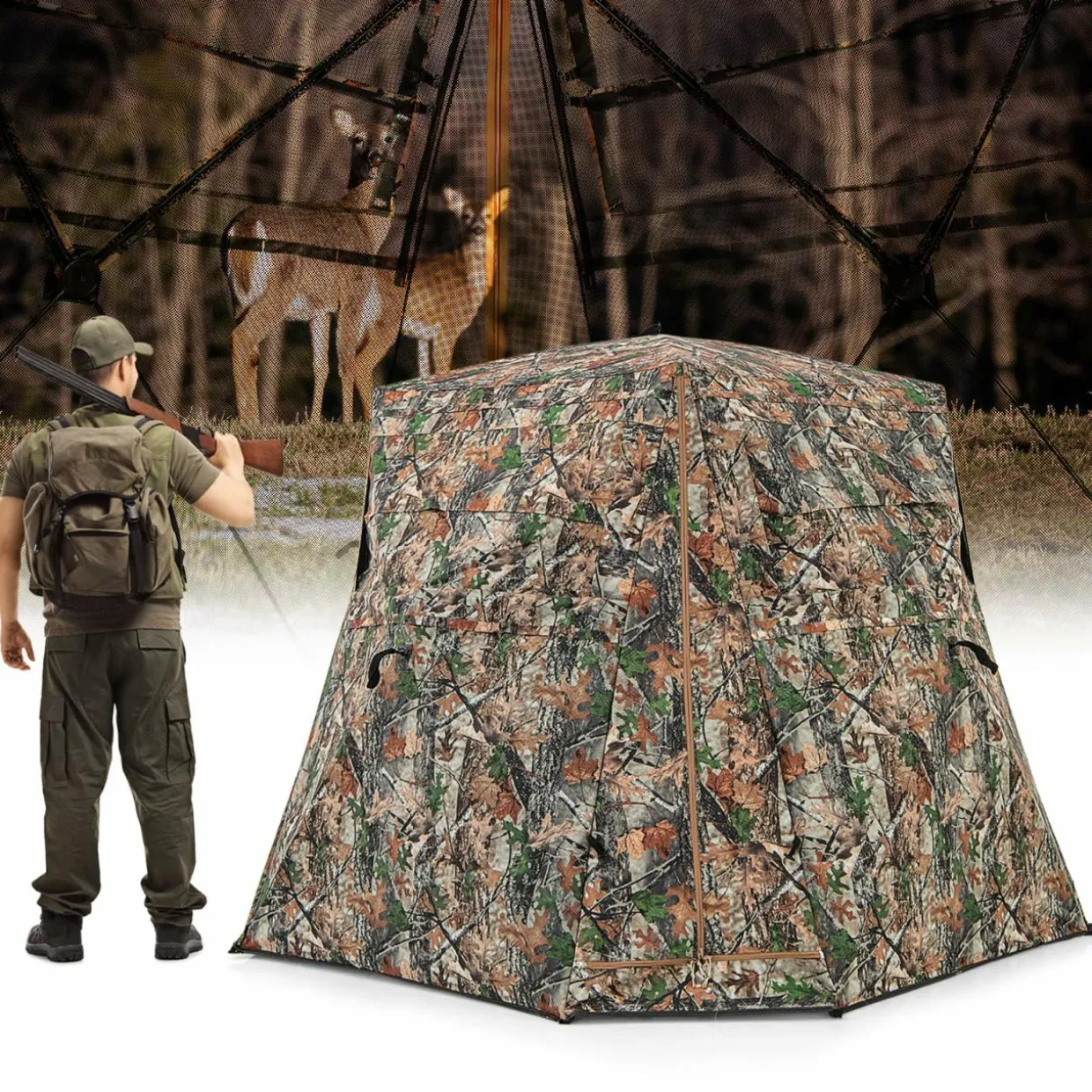 Tangkula 2-3 Person Hunting Blind, 360 Degree See Through Ground Blind with 4 Silent Slide Windows
