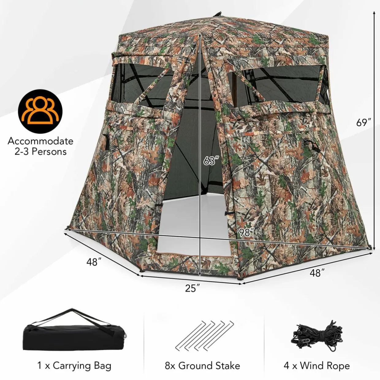 Tangkula 2-3 Person Hunting Blind, 360 Degree See Through Ground Blind with 4 Silent Slide Windows