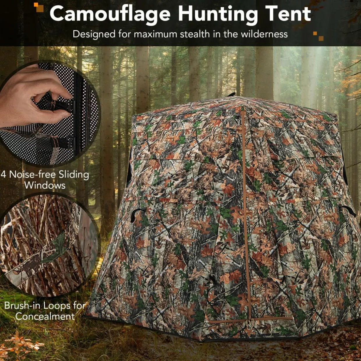 Tangkula 2-3 Person Hunting Blind, 360 Degree See Through Ground Blind with 4 Silent Slide Windows