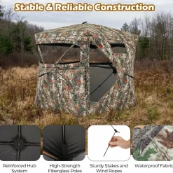 Tangkula 2-3 Person Hunting Blind with Full Open Door, 360 Degree See Through Ground Blind with Silent Slide Windows