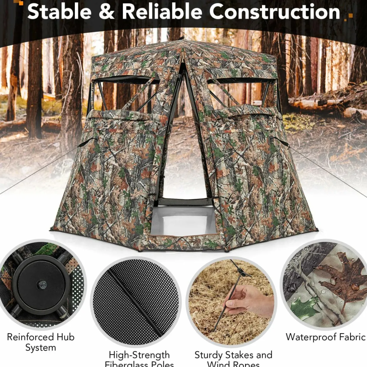 Tangkula 2-3 Person Hunting Blind, 360 Degree See Through Ground Blind with 4 Silent Slide Windows