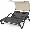 Tangkula 2 Person Lounge Chair with Adjustable Canopy, Outdoor Chaise Lounge with 2 Detachable Pillows
