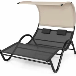 Tangkula 2 Person Lounge Chair with Adjustable Canopy, Outdoor Chaise Lounge with 2 Detachable Pillows