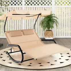 Tangkula 2 Person Lounge Chair with Adjustable Canopy, Outdoor Chaise Lounge with 2 Detachable Pillows and Wheels