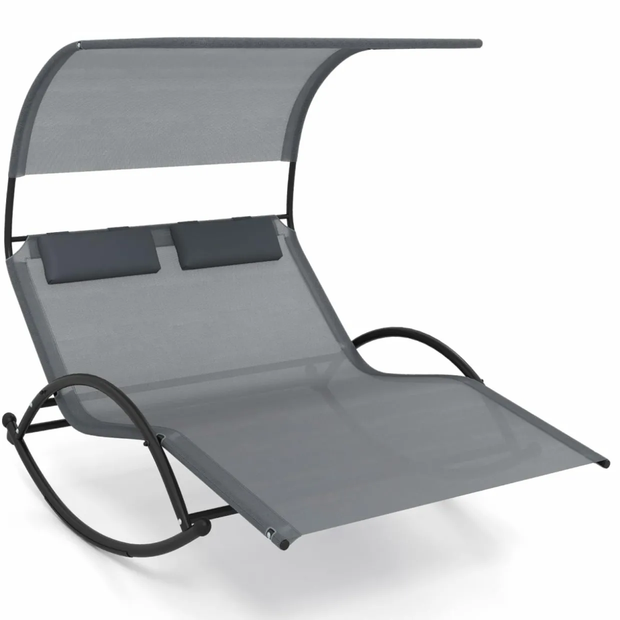 Tangkula 2 Person Lounge Chair with Adjustable Canopy, Outdoor Chaise Lounge with 2 Detachable Pillows (Gray)