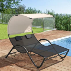 Tangkula 2 Person Lounge Chair with Adjustable Canopy, Outdoor Chaise Lounge with 2 Detachable Pillows