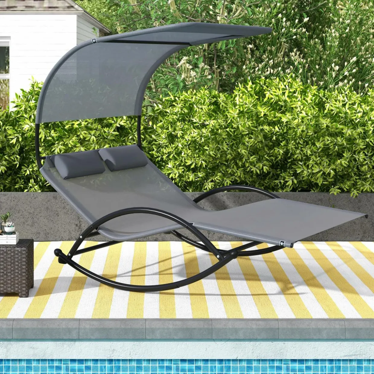 Tangkula 2 Person Lounge Chair with Adjustable Canopy, Outdoor Chaise Lounge with 2 Detachable Pillows (Gray)