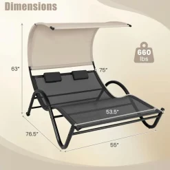 Tangkula 2 Person Lounge Chair with Adjustable Canopy, Outdoor Chaise Lounge with 2 Detachable Pillows