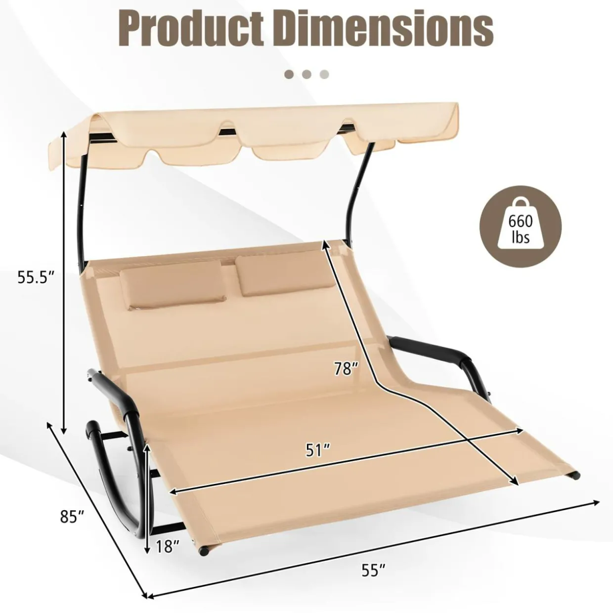 Tangkula 2 Person Lounge Chair with Adjustable Canopy, Outdoor Chaise Lounge with 2 Detachable Pillows and Wheels