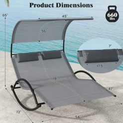 Tangkula 2 Person Lounge Chair with Adjustable Canopy, Outdoor Chaise Lounge with 2 Detachable Pillows (Gray)