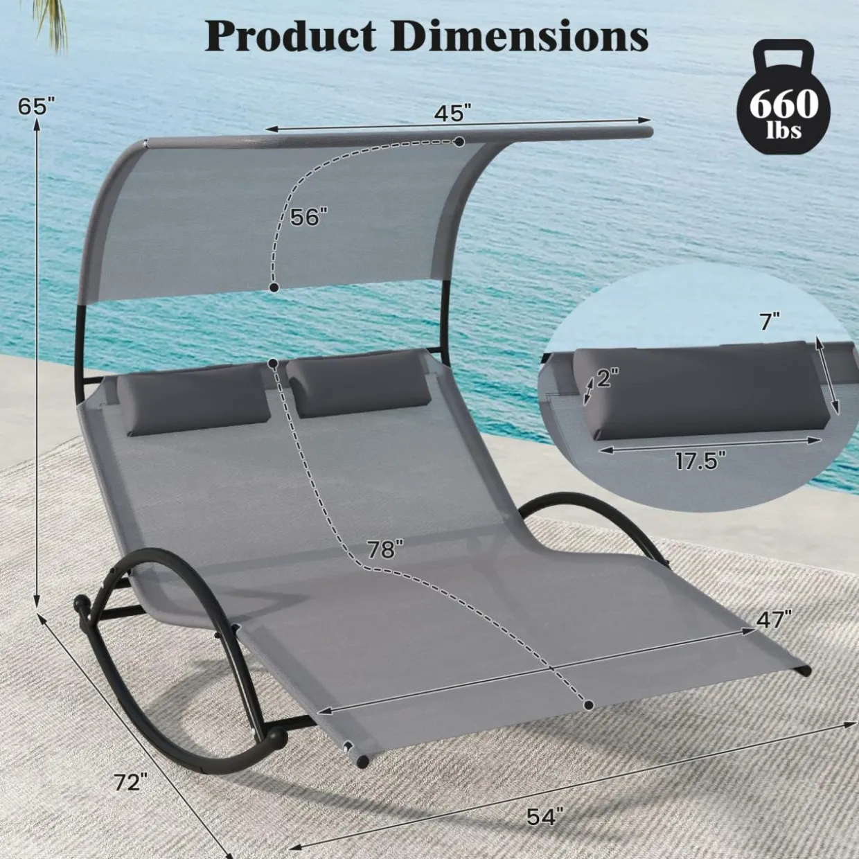 Tangkula 2 Person Lounge Chair with Adjustable Canopy, Outdoor Chaise Lounge with 2 Detachable Pillows (Gray)