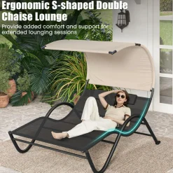 Tangkula 2 Person Lounge Chair with Adjustable Canopy, Outdoor Chaise Lounge with 2 Detachable Pillows