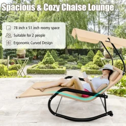 Tangkula 2 Person Lounge Chair with Adjustable Canopy, Outdoor Chaise Lounge with 2 Detachable Pillows and Wheels