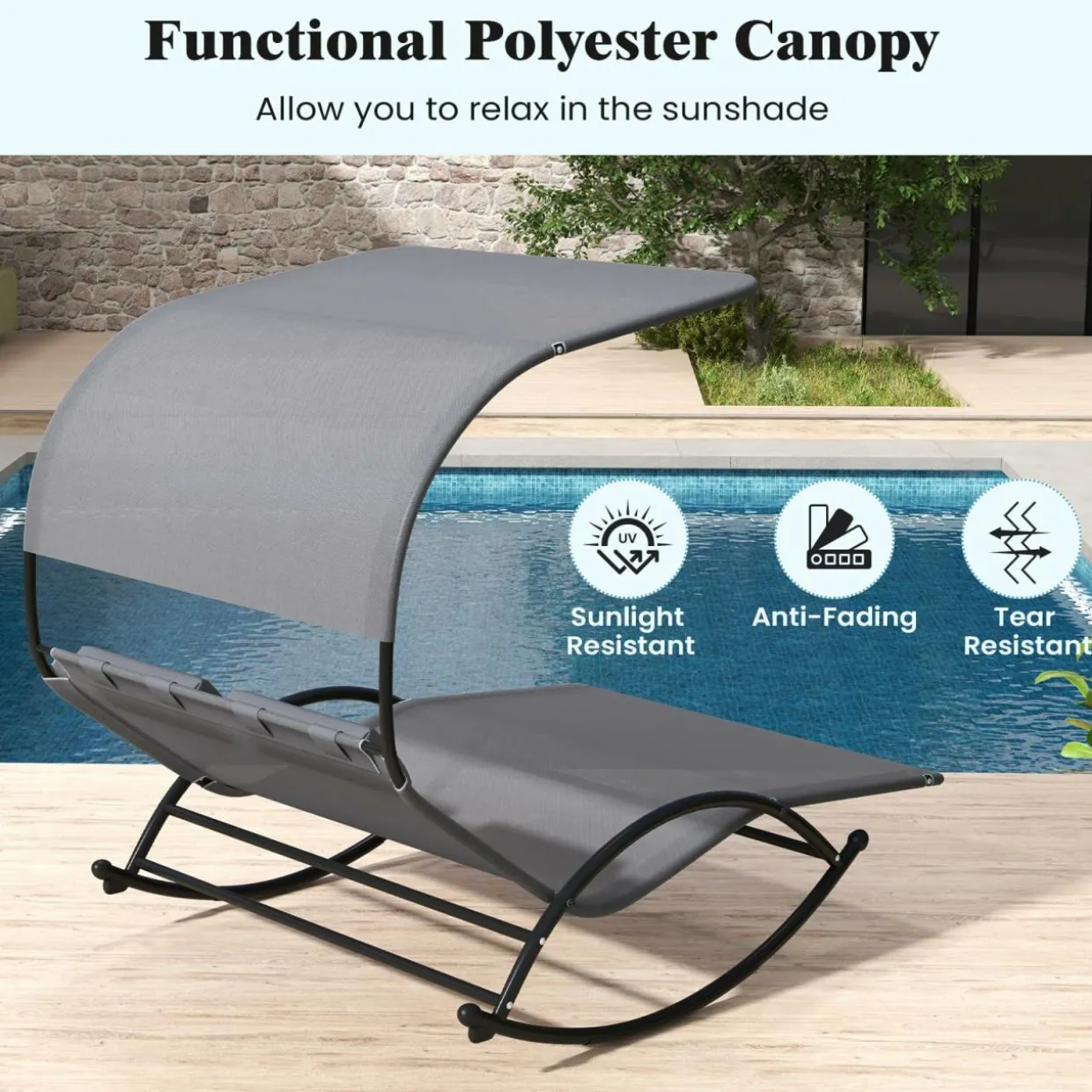 Tangkula 2 Person Lounge Chair with Adjustable Canopy, Outdoor Chaise Lounge with 2 Detachable Pillows (Gray)